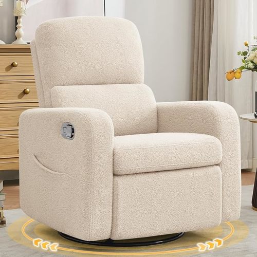 Swivel Rocker Recliner, Oversized Manual Boucle Nursery Glider Rocking Recliner Chair with Removable Cushion, Upholstered Teddy Swivel Reclining Chair for Nursery Living Room Bedroom, Apricot