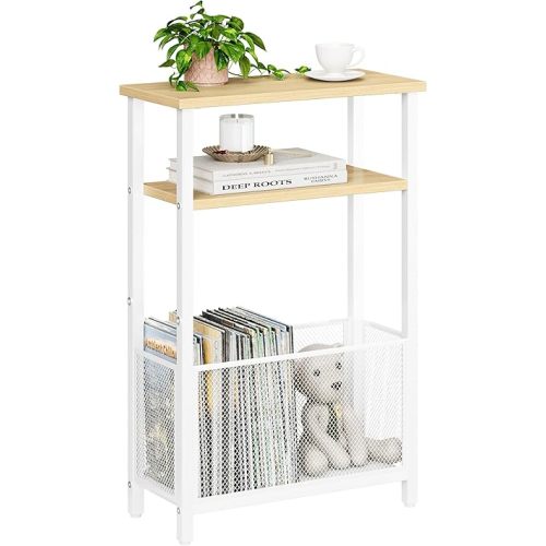 MMEOLUOOK Narrow Side Table with Storage Basket Skinny End Tables for Smalls Spaces 3 Tier Sofa Table Small Nightstand Slim Bedside Table for Living Room Bedroom Natural Wood MLBZ22Y