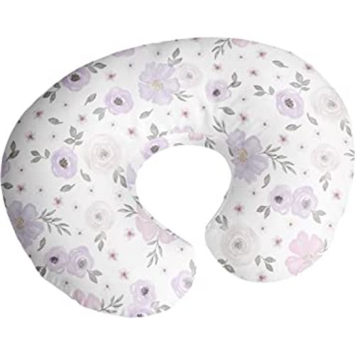 Sweet Jojo Designs Watercolor Floral Nursing Pillow Cover Breastfeeding Pillowcase for Newborn Infant Bottle Breast Feeding Pillow NOT Included Lavender Purple Pink Grey Boho Shabby Chic Rose Flower