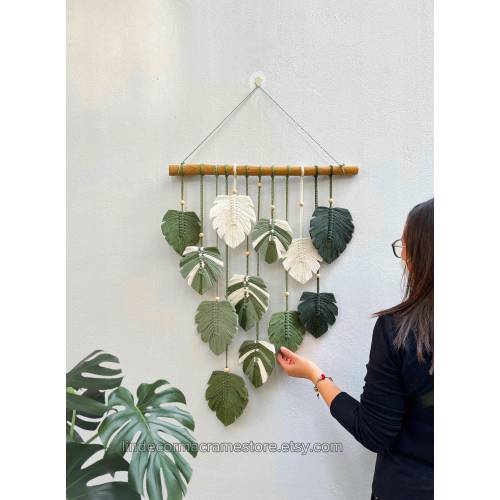 Monstera Macrame Leaves Handmade Wall Decor, Green Monstera Leaf Wall Art, Nursery Wall Hanging Leaves, Rustic Wall Decor, Housewarming Gift