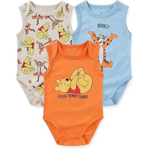 Disney Winnie the Pooh Tigger Baby Boys 3 Pack Sleeveless Bodysuit for Newborn and Infant