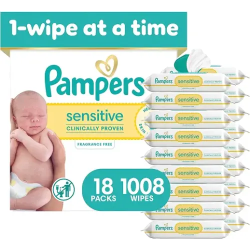 Pampers Sensitive Baby Wipes, Unscented, Fragrance Free, Clinically Proven, Water Based, Hypoallergenic, Multi-Use, Hand Wipes, 1008 Wipes Total (18X Flip-Top Packs)