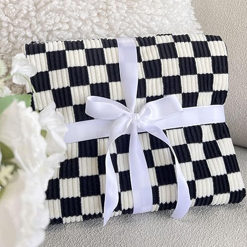 Baby Blanket for Kids Adults Comfy Durable Corduroy Toddler Blanket with Double Layer Dotted Backing Checkerboard Grid Chessboard Gingham Warmer Bed Blankets for All Season Black, 50x60 Inches