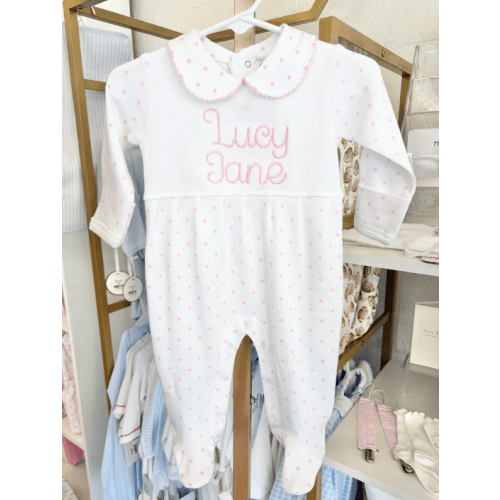 Pink Dot Collar Footie - Baby Font Name - Size 3M