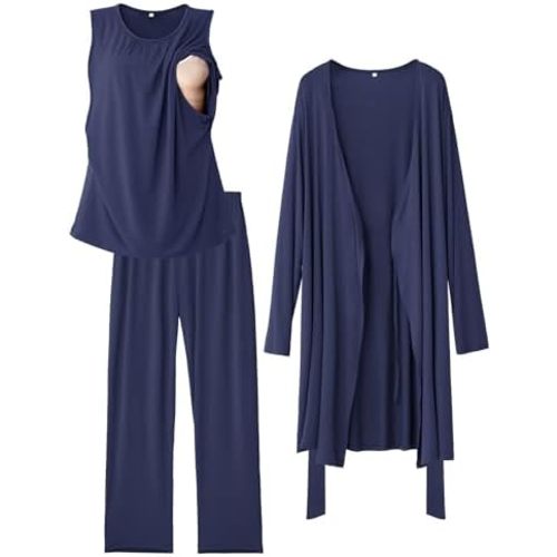 Rnxrbb Nursing Pajamas Gown Set for Women Breastfeeding Postpartum Pajama Maternity Pj for Hospital 3 PCS