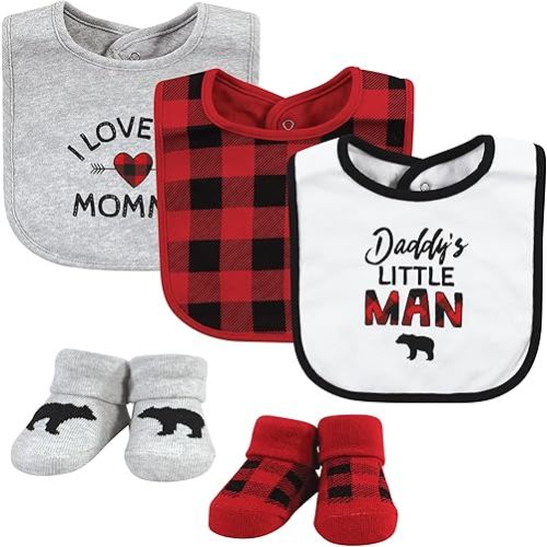 Hudson Baby Unisex Baby Cotton Bib and Sock Set, Buffalo Plaid Family, One Size