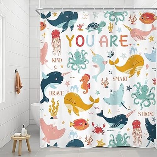 Riyidecor Ocean Kids Shower Curtain 60Wx72H Inch Funny Whale Cartoon Fish Animal Dolphin Underwater Marine Inspirational Quotes Nursery Bathroom Decor Fabric Polyester Waterproof 12 Pack Hooks