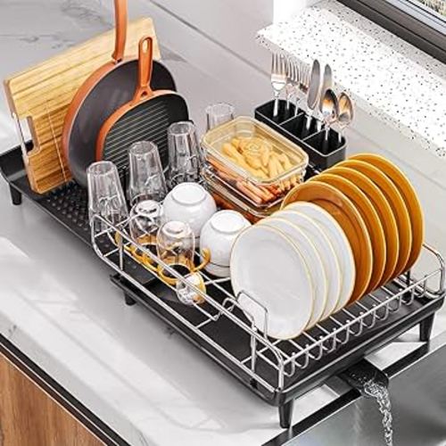 TOOLF Expandable Dish Drying Rack - Extendable Dish Rack for Kitchen Counter, Large Collapsible Countertop Dish Drainer with Pan & Pot Holder, Stainless Steel Dish Strainer with Cup & Utensil Holder