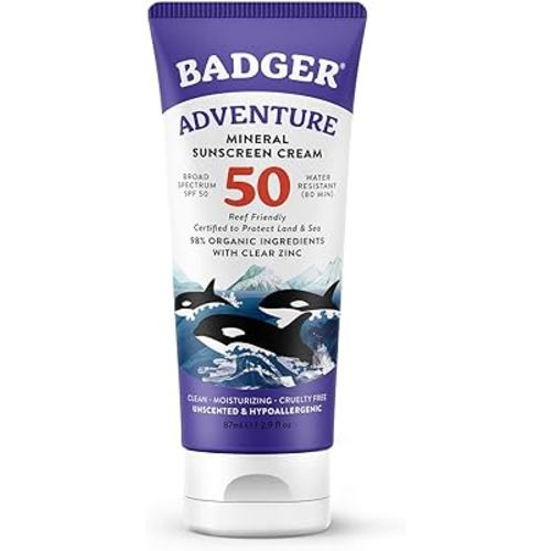 Badger Mineral Sunscreen SPF 50 Zinc Oxide Sunscreen with 98% Organic Ingredients, Reef-Safe, Broad-Spectrum, Hypoallergenic, Water Resistant, Unscented Adventure Sport 2.9 fl oz