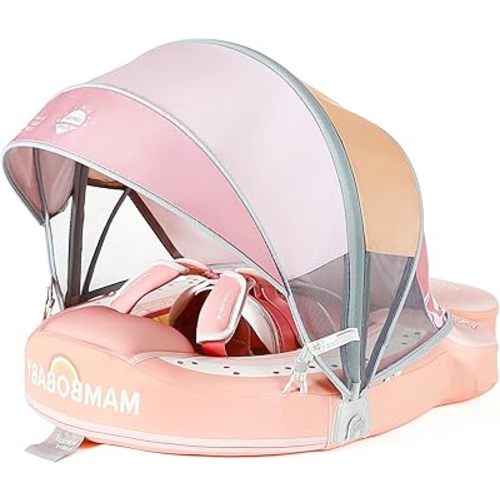 Baby Floats for Pool with Canopy Removable Sun Protection Canopy Mambobaby Float Non Inflatable Upgrade Add Tail Avoid Flip Waterproof Skin-Friendly Infant Swim Float 3-24 Months (Rainbow)
