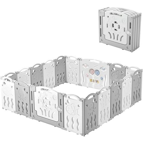 Albott Baby Fence Kid Playpen 18 Panel Albott Play Yard - Foldable Kids Safety Activity Center Playard Safety Lock Gate,Adjustable Shape, Portable Design for Indoor and Outdoor (18 Panel, Grey+White)