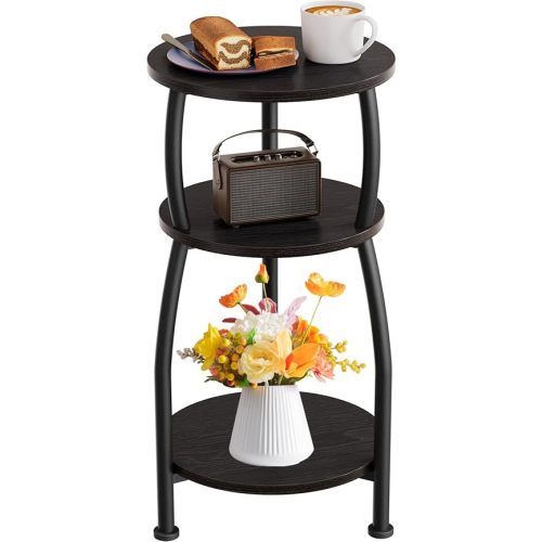 Small Round Side Table, 3-Tier End Table with Storage Shelf, Slim Sofa Table Coffee Table, Sturdy & Easy Assemble Nightstand for Small Spaces, Living Room Bedroom Corner, Black