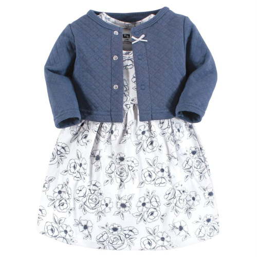 Hudson Baby Infant and Toddler Girl Quilted Cardigan and Dress, Blue Toile, 0-3 Months