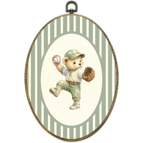 Baseball Bear Wall Art Decor, Rustic Oval Canvas Framed Prints