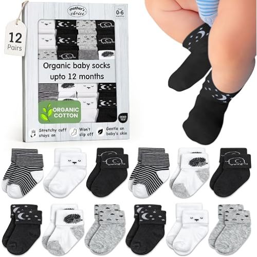 Mother's Choice Baby Socks 0-6 Months 12 Pairs Organic Cotton Blend Newborn Socks for Girls & Boys Stay-On Stretch Infant Socks OEKO-TEX Certified Baby Gift
