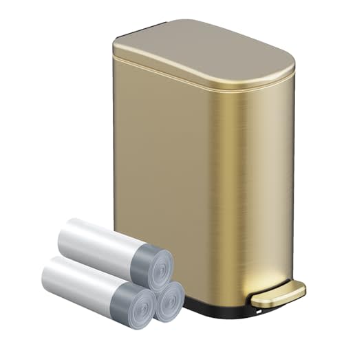 2.6 Gal Bathroom Trash Can with Soft Close Stay Open Lid, Small Rectangular 10L Stainless Steel Waste bin for Narrow Space, Waterproof, Gold