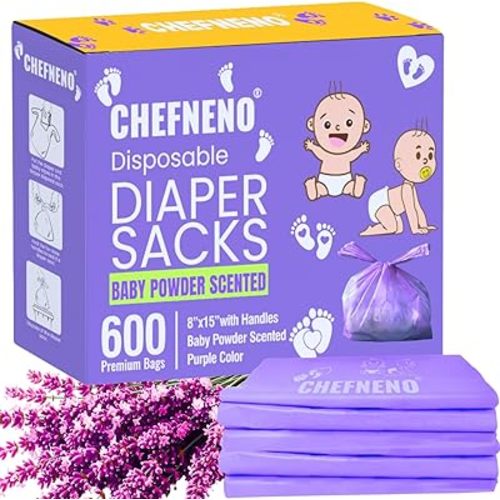 Baby Disposable Diaper Sacks (600 ct.) Fresh Baby Powder Scented, Easy-To-Tie Tabs, Diaper Disposal Bulk Diaper Sacks Dog Poop Bags Cat Litter Waste Bags Sanitary Pads Disposal Bags (600 Bags, Purple)