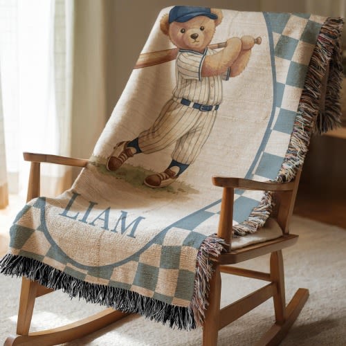 Vintage Baseball Nursery Decor Bear Baby Blanket Personalized Baby Boy Blanket Custom Baby Name Blanket Baseball Boy Baby Shower Gift Keepsa