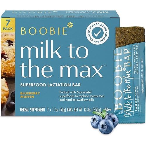Boobie Bar Superfood Blueberry Muffin Lactation Bar for Breastfeeding Moms to Increase Milk Supply | #1 Selling Lactation Snack Bars | Vegan, Fenugreek-Free, Gluten-Free, Dairy-Free (7 Bars)