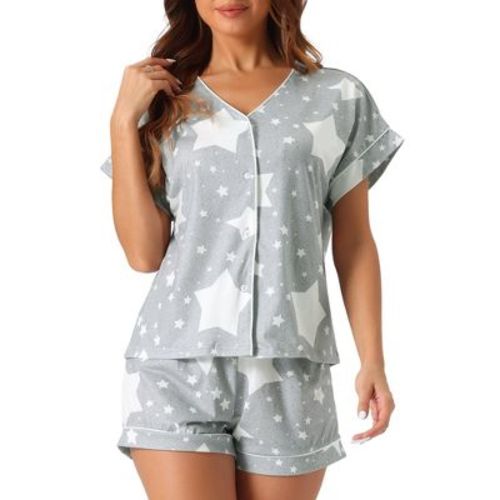 cheibear Women's 2 Pcs Modal Soft Short Sleeve Button Top and Shorts Pattern Print Pajama Sets Medium Gray Star