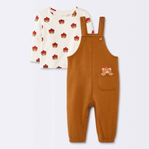 Baby Boys' 2pc Long Sleeve Bear T-Shirt and Overalls with Pocket Set - Cloud Island™ Brown/White 0-3M