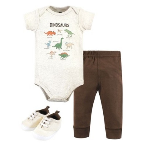 Hudson Baby Infant Boy Cotton Bodysuit, Pant and Shoe Set, Dinosaur Adventures, Newborn