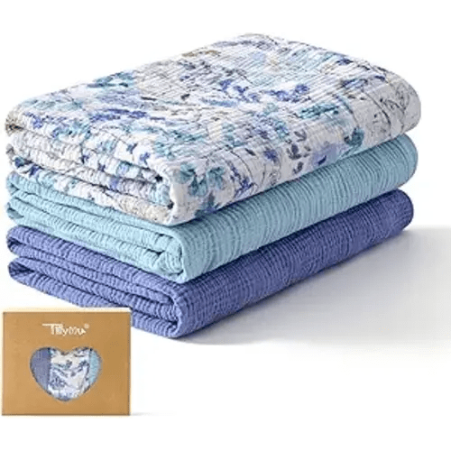 TILLYOU 3 Pack Muslin Swaddles for Newborns Baby Blankets for Girls Boys Cotton Swaddle Blankets 40"X40", Blue Flower