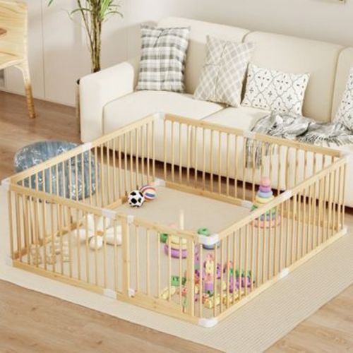 APRILSOUL Large Wooden Baby Playpen, Adjustable Gate for Toddler and Babies, Foldable Fence Baby Play Yard with Door (79.5x71.5x24inches)