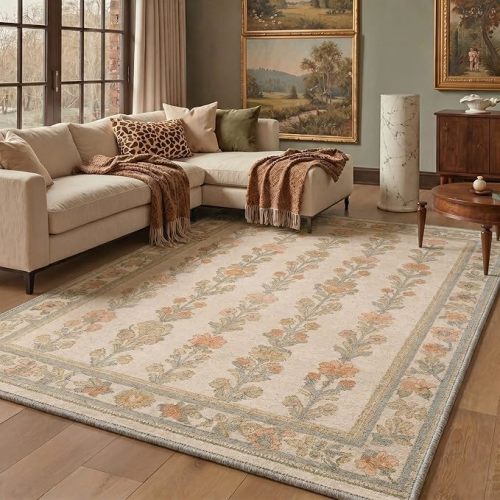 8X10 Area Rugs for Living Room Machine Washable, Non Slip Low Pile Soft Modern Botanical Rugs, Floral Vines Carpet for Bedroom Dining Room, Home Office, Warm Beige