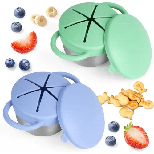 2 Pack Snack Cups for Toddlers Spill Proof - Detachable Stainless Steel Toddler Snack Cups with Silicone Lids & Handles - Dishwasher Safe Baby Snack Containers for Mess-Free Snacking (Blue and Green)