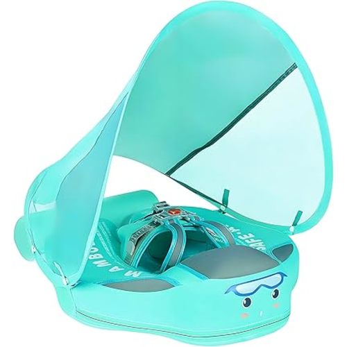 Mambobaby Non-Inflatable Baby Pool Float with Tail and Canopy UPF 50+ Sun Protection No Flip Over Infant Swim Float Skin-Friendly Mambo Float Swim Trainer Solid Baby Swimming Ring