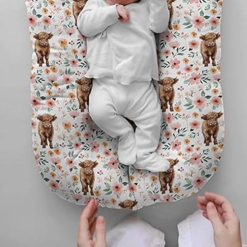 HawSkgFub Highland Cow Floral Cowgirl Baby Lounger Cover, Boho Western Farm Animal Yak Newborn Girls Nap Pillow Covers Shower Gift, Soft Breathable Snuggle Fit Infant Nest Slipcover, Cover Only