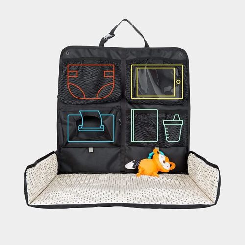 Baby Portable Diaper Changing Station for Your Car | Waterproof, Detachable, Toy Loops, 4 Pockets, Wet Wipes Holder, Tummy Time Mat, Kick Mat, Tablet Holder | LUMI - Black with Ministars