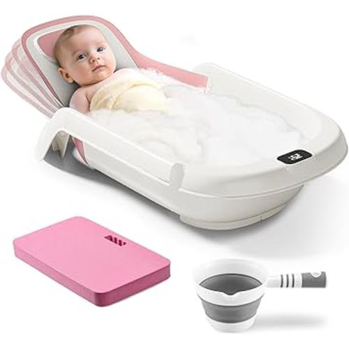 Baby Bathtub,5-in-1 Reclining Baby Bathtub,Baby Bath Tub with Real-Time Thermometer, Adjustable Recline for Custom Comfort for Newborn to Toddler- Ages 9 to 36 Months,Portable Newborn Travel Bath tub
