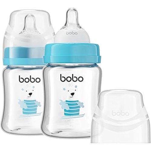 YOHKOH Glass Baby Bottles with Slow Flow Nipple, Newborn Anti-Colic Baby Bottles for 0+ Months, Wide Neck Feeding Bottle, Clear (Blue, 5oz (Pack of 2))