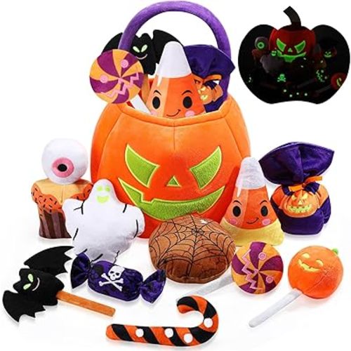 Liliful 11 Pcs My First Halloween Pumpkin Toys Playset, Glow in The Dark Stuffed Animals, 14" Large Plush Pumpkin Basket with Ghost Bat Spider Candy Corn for Baby Girls Boys Gifts Party Favors