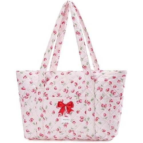 Molly Moon Strawberry Quilted Tote Bag for Women, Fruit Pattern Tote Bag with Zipper, Quilted Cotton Shoulder Bag for Women, Red Strawberry Bag for Work, Travel, Daily