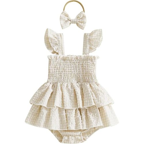Douhoow Baby Girl Plaid Romper Flying Sleeve Ruffle Baby Dress Romper Infant Girl Summer Clothes with Headband
