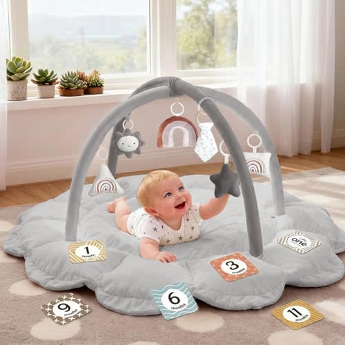 5-in-1 Thick & Plush Baby Play Gym, Baby Play Mats for Floor, Tummy Time Mat with 6 Toys, Convertible Stage-Based Developmental from Babies to Toddlers, Ball Pit, Pet Cushion Cloudico, Grey