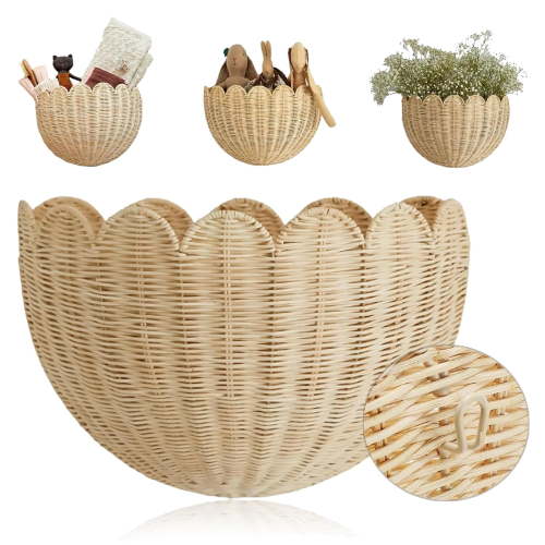 Scalloped Wall Basket - Scalloped Hanging Wicker Baskets for Wall, Hand Scalloped Wicker Wall Basket Home Decor for Entryway, Kitchen, Office, Living Room
