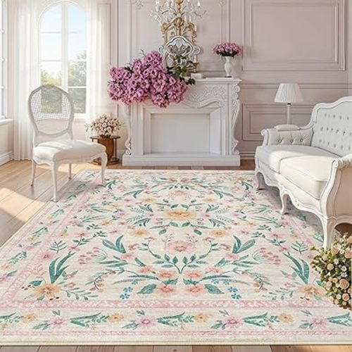 8x10 Pink Floral Area Rug,Large Washable Living Room Carpet for Girls Bedroom, Nursery or Playroom,Boho Vintage Soft Non-Slip Rug for Kids or Teen Girl Room Decor