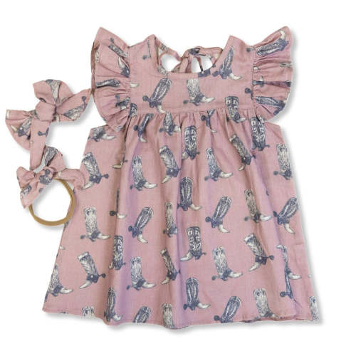 Dusty Rose Boots Cotton Linen Dress / Matching Bow – Cowkid Clothing Company