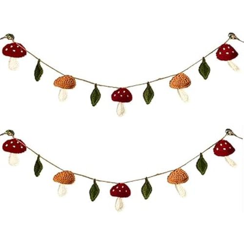 2Pack Handmade Crochet Mushroom Garland, 6ft Knitting Spring Bunting Floral Ornaments for Birthday Party, Bedroom, Fireplace, Home Wall Boho Décor