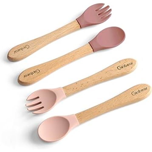 Ginbear Silicone Baby Spoon and Fork Self-feeding, Baby Flatware Sets for Girl, Toddler Feeding Utensils for Child 6 Months+ (Mauve/Pink)