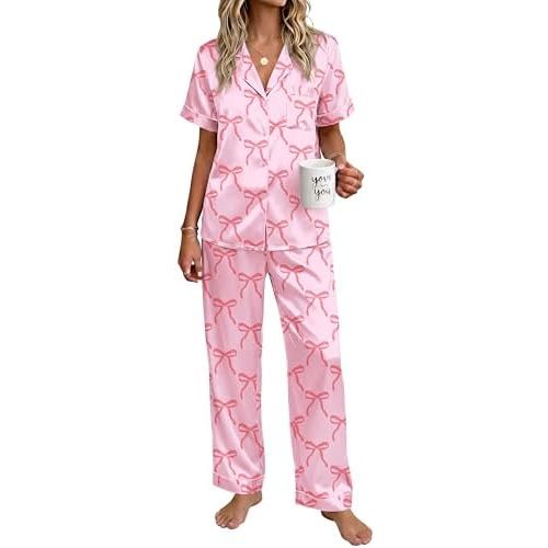 Ekouaer Womens Silky Satin Pajamas Set Short Sleeve Button Down Sleepwear 2 Piece Lounge Set Pj Set