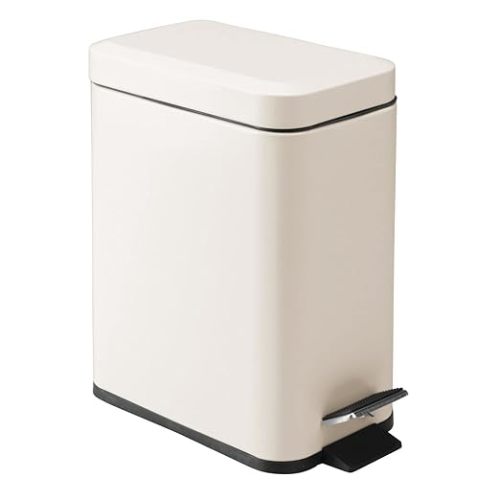 mDesign Small Modern 1.3 Gallon Rectangle Metal Lidded Step Trash Can, Compact Garbage Bin with Removable Liner Bucket and Handle for Bathroom, Kitchen, Craft Room, Office, Garage - Cream/Beige