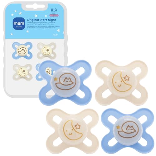 MAM Original Start Baby Pacifiers 0-3 Months, BPA-Free Skin Soft Silicone Nipple, Glow in The Dark, Developed with Medical Experts Specially for Smaller Newborn Mouths, 4 Pk, Made in Europe