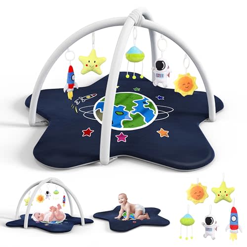 Primo Lines Baby Play Gym Mat,Oversize Tummy Time Mat with 5 Detachable Toys for Sensory&Motor Skill Development,Soft Plush Baby Activity Playmat Newborn Toddler Infant Essential