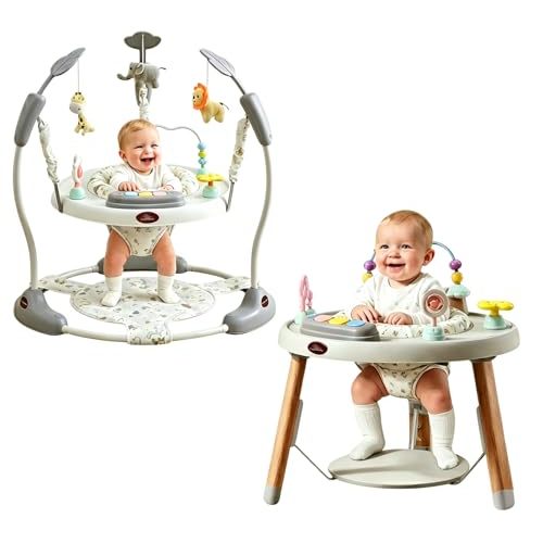 CuddoBaby Baby Jumper 4-Stage Convertible| Montessori -Inspired 8 Interactive Toys| Tummy Time Playmat, Bouncer, Exersaucer, Toddler Table| Music & Lights | 3-6, 6-12, 12-18, 12-24 Months - Gray