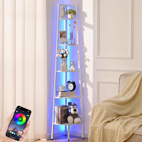 White Corner Shelf, 5-Tier Corner Bookshelf with LED Light, 67.5in Corner Shelves for Bedroom, Tall Standing Shelf with Steel Frame, Storage Shelves for Office Living Room